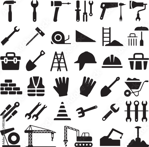 Construction and Tools Silhouette Icons Set – Building, Industrial and Work Equipment Symbols