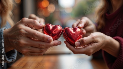 Couple holds red hearts touching each other — romantic Valentine’s Day, love promise or wedding moment atmosphere