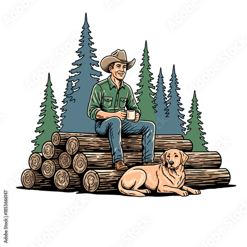 vintage vector illustration of a camper resting by a fire with a golden retriever in the woods.