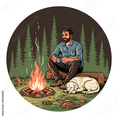 vintage vector illustration of a lumberjack or woodworker resting on timber in the forest.