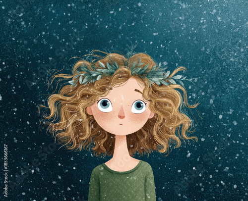 Young girl wearing festive winter wreath with pinecones and berries, celebrating holiday season