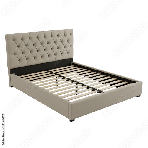 upholstered bed with tufted headboard isolated on transparent background