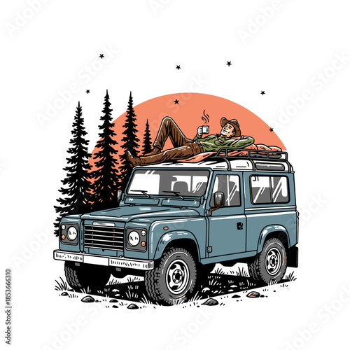 vintage vector illustration of a traveler camping on top of a 4x4 car in the pine forest.