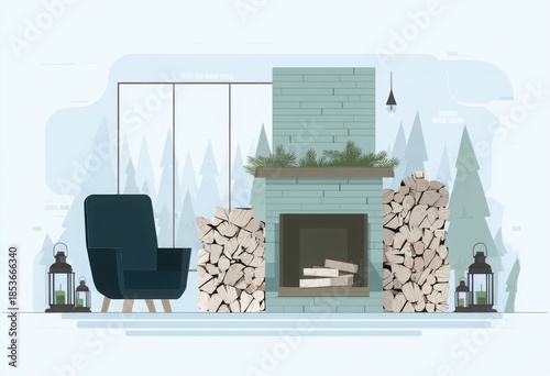 cozy winter home interior with tea and candle illustration