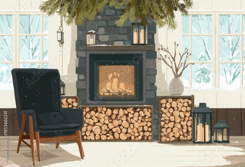 cozy winter home interior with tea and candle illustration