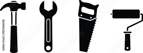 Hand tool icon set, black silhouette vector illustrations of basic equipment, perfect for construction design, DIY graphics, painting visuals, repair symbols, and home improvement-themed content