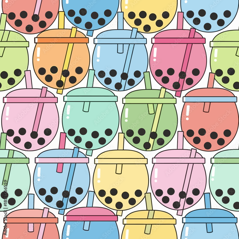 Fototapeta premium Seamless Pattern of Cute Kawaii Boba Tea Drinks in Various Pastel Colors. Vector Illustrations. EPS Editable