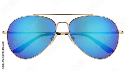 Fotografie Gold aviator sunglasses with blue mirrored lenses isolated PNG, stylish eyewear