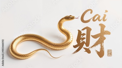Golden snake beside “Cai” character — symbol of wealth, wisdom, luck for new year