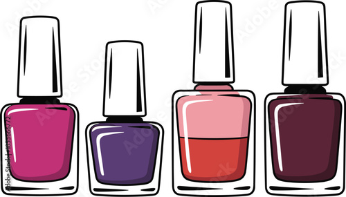 Colorful Illustration of Four Square Nail Polish Bottles in Shades of Magenta, Purple, and Red Featuring Glossy Highlights for Beauty Product Branding.
