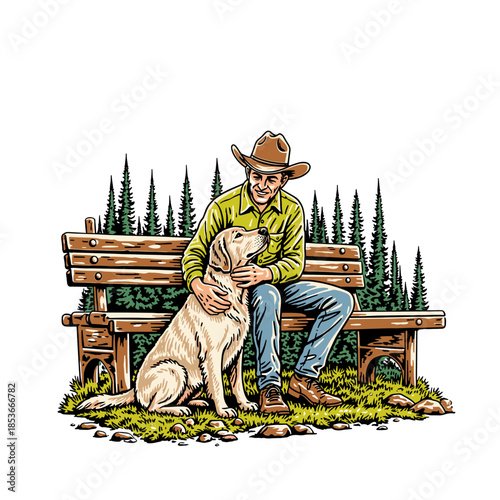 cowboy sitting on a bench petting his loyal golden retriever dog in the forest.