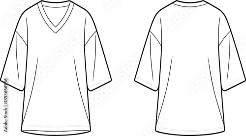Technical Line Art Sketch of a Women's Oversized V-Neck T-Shirt Featuring Dropped Shoulders and a Relaxed Fit for Casual Apparel Design Mockups.