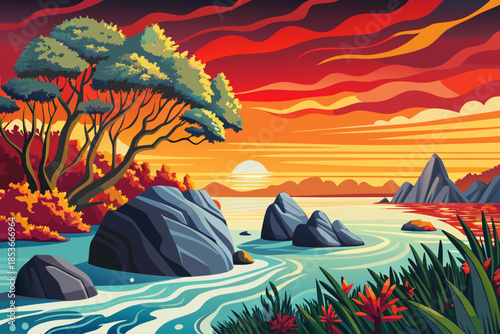 calm sea surrounds dense mangrove trees along the shoreline, creating a rich coastal ecosystem where plant roots meet shallow ocean waters