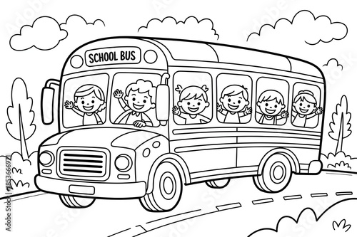 Happy children waving from a school bus on a sunny day
