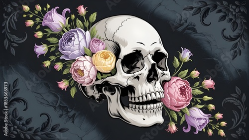 Skull adorned with vibrant flowers on a dark, ornate background