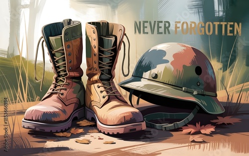 Never forgotten: military boots and helmet commemorate fallen soldiers