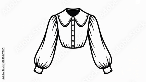 Technical Line Art Sketch of a Women's Long-Sleeve Blouse Featuring a Peter Pan Collar, Button-Down Front, and Bishop Sleeves for Apparel Design.