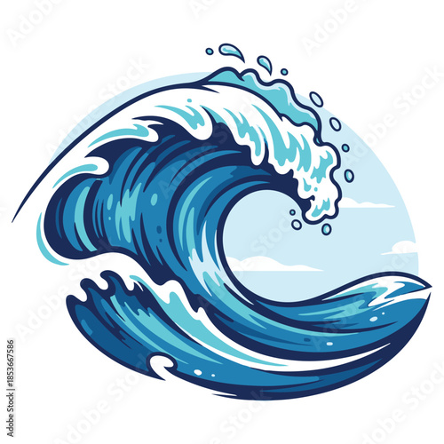 Dynamic stylized ocean wave curling forward in turquoise and deep blue tones with white foam details on a light background. Suitable for surf posters, beach logos, summer t‑shirt designs