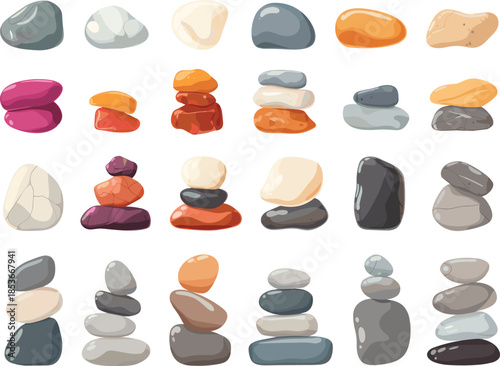 Zen stone illustration set, balanced colorful pebbles vector collection meditation wellness abstract design art background