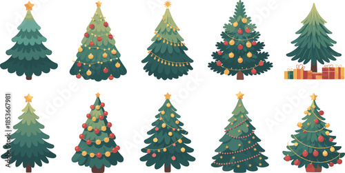 Christmas tree illustration set festive decorated evergreen pine trees holiday vector collection winter seasonal design