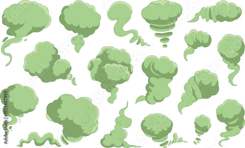 Green smoke cloud illustration set, cartoon gas vapor fumes vector effects collection elements design pack