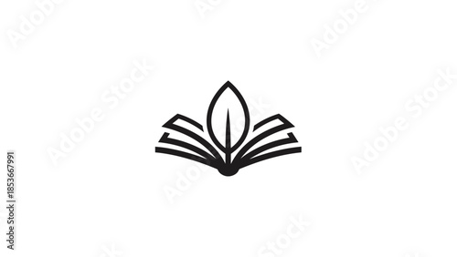 Black and white illustration of an open book with a leaf.