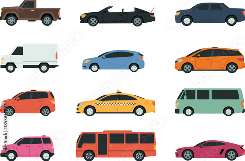 Vehicle illustration set, cars trucks taxi bus van pickup sedan vector transportation icons collection design