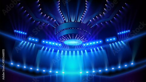 Concert stage illuminated by blue spotlights from all directions. Futuristic abstract background design.