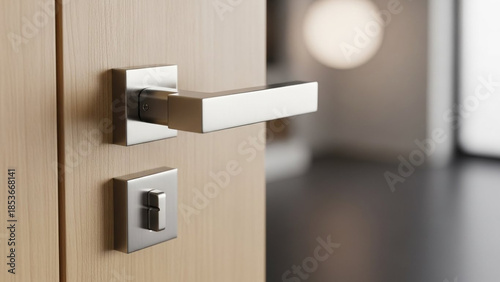 Modern silver door handle and lock on light brown wooden door in interior design setting