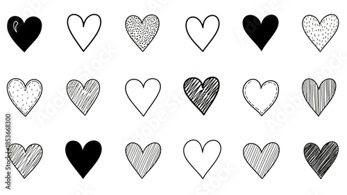 Collection of assorted hand-drawn heart illustrations in various line styles and shading techniques on a clean white background