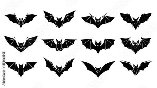 Collection of bat silhouettes in various poses and angles on a white background