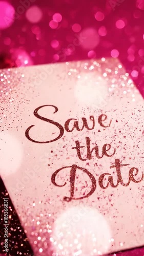 Sparkling Save the Date Card with Rose Gold Glitter Falling on Pink Bokeh Background Festive Celebration Invitation