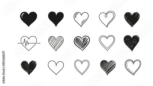 Collection of diverse hand-drawn heart illustrations in various styles and textures on a clean white background