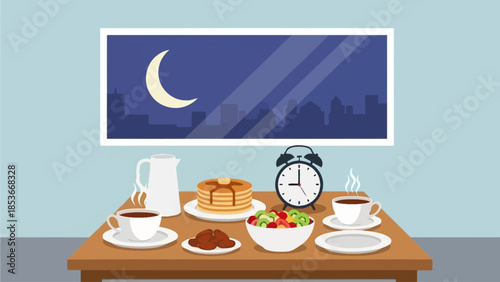 Breakfast scene with coffee and food on a table at night with city view