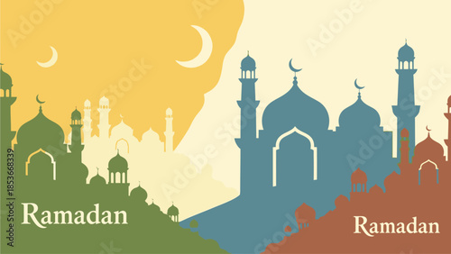 Celebrating Ramadan with mosques silhouetted against a vibrant sky at dusk from a panoramic viewpoint