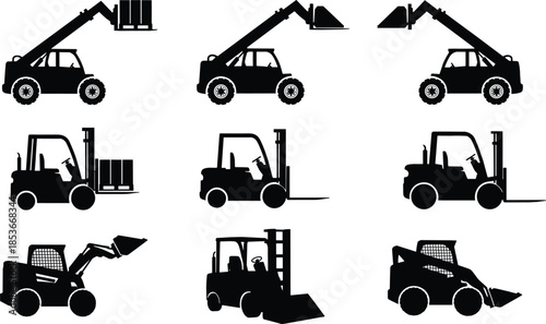 Construction machinery silhouette set featuring forklifts loaders and telescopic handlers, industrial equipment icons for logistics warehouse and building projectsConstruction