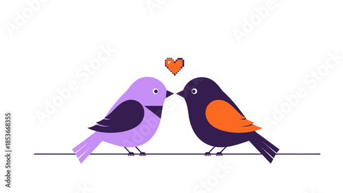 Two birds perched on a wire facing each other with a heart above their beaks