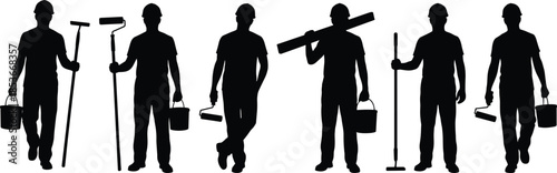 Construction worker painter silhouettes set holding rollers buckets and tools, professional maintenance and renovation labor vector illustration collectionConstruction worker painter silhouettes 