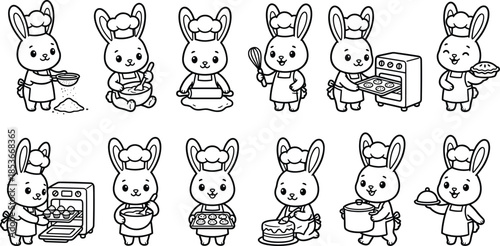 Cute bunny chef line art illustration set with baking and cooking poses, adorable cartoon rabbit kitchen character vector collection
