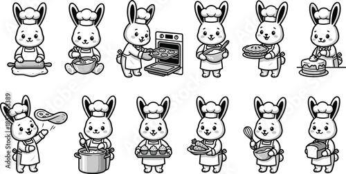 Cute bunny chef baking illustration set with cooking poses, pastries and kitchen actions, adorable cartoon animal vector collection