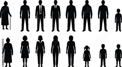 Human life stages silhouette collection showing men women children and elderly figures representing age diversity population growth and social demographics