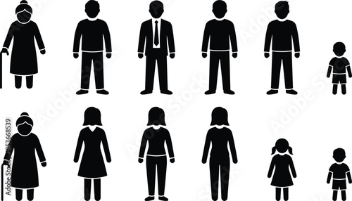 Human silhouette icon set showing men women children and seniors, family age groups vector people symbols for infographics design