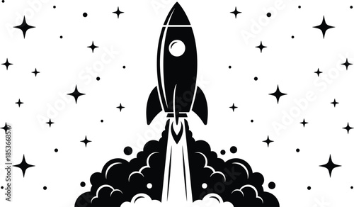 Minimal black and white rocket launch illustration with stars, smoke, and space startup concept for modern branding designMinimal black and white rocket launch illustration 