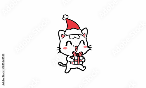 Cartoon Cat Wearing Santa Hat Gift  vector White background.