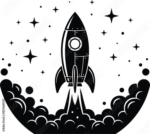 Minimalist rocket launch illustration with stars and smoke, modern black and white space startup concept icon design vector logo art