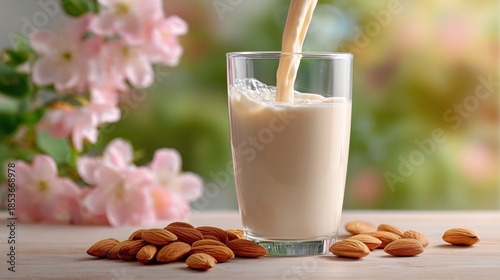 Almond milk being poured into a clear glass filled, surrounded by scattered almonds and delicate pink flowers, creating a refreshing beverage scene