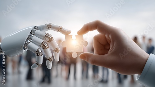 Robotic hand and human hand collaborating to connect a glowing puzzle piece, symbolizing partnership and innovation against a blurred background of people.