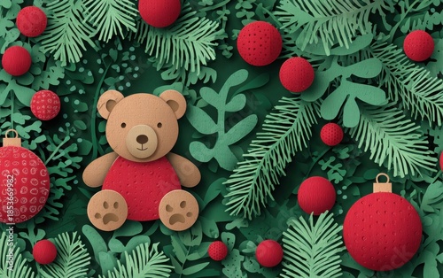 christmas greeting card with paper cut style ornament and pine branches