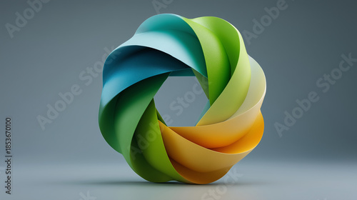 Abstract 3D Render of a Colorful, Twisted Circular Shape, Representing Circular Economy and Technology, Modern Design, Digital Art, Isolated on a Gray Background, Concept of Sustainability 