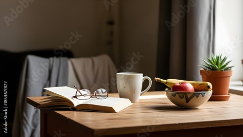 Cozy morning workspace with coffee, notebook and soft window light